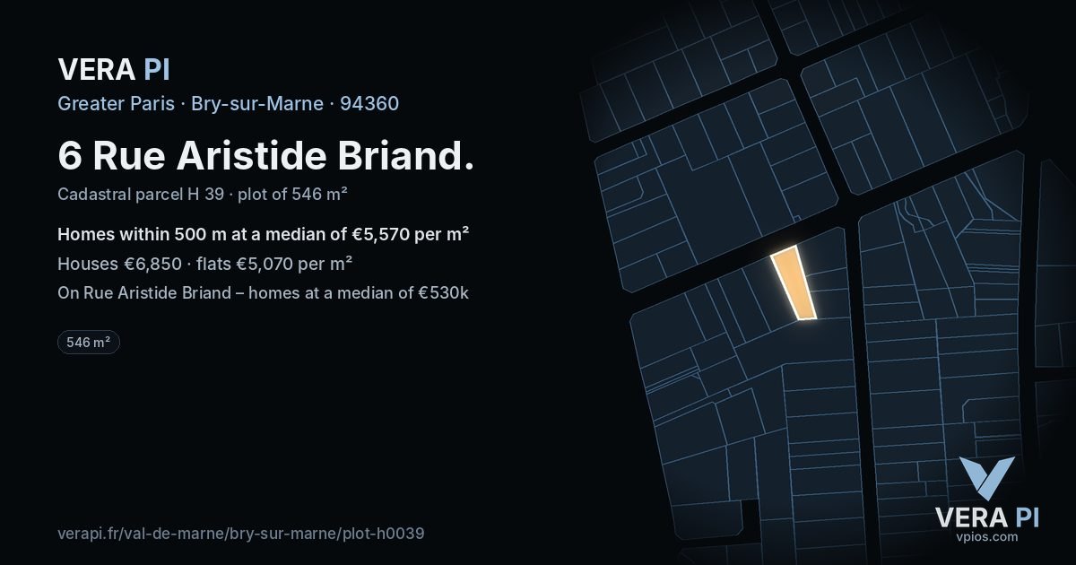 6 Rue Aristide Briand, Bry-sur-Marne at night – the plot lit, the parcels around coloured by the prices near them