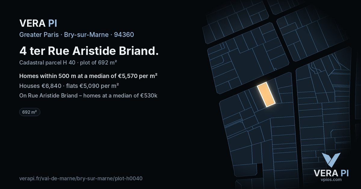 4 ter Rue Aristide Briand, Bry-sur-Marne at night – the plot lit, the parcels around coloured by the prices near them