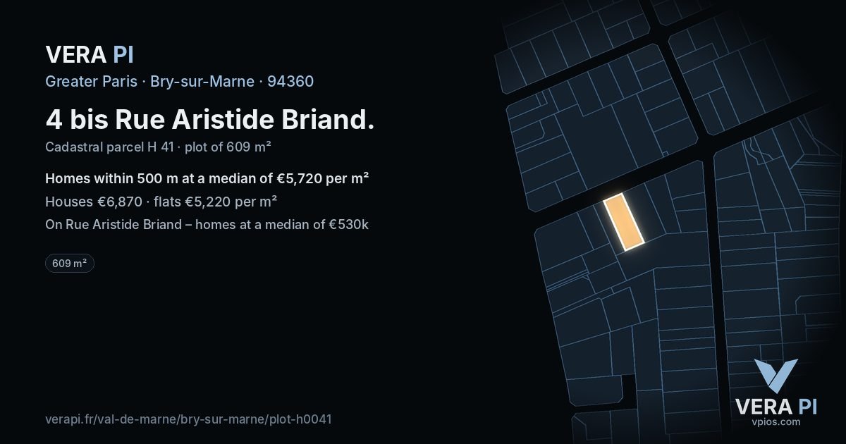 4 bis Rue Aristide Briand, Bry-sur-Marne at night – the plot lit, the parcels around coloured by the prices near them