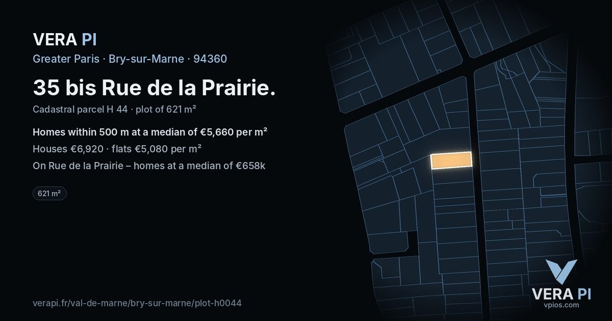 35 bis Rue de la Prairie, Bry-sur-Marne at night – the plot lit, the parcels around coloured by the prices near them