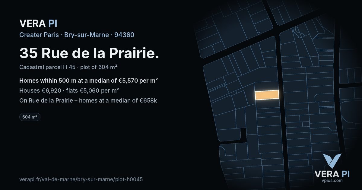 35 Rue de la Prairie, Bry-sur-Marne at night – the plot lit, the parcels around coloured by the prices near them