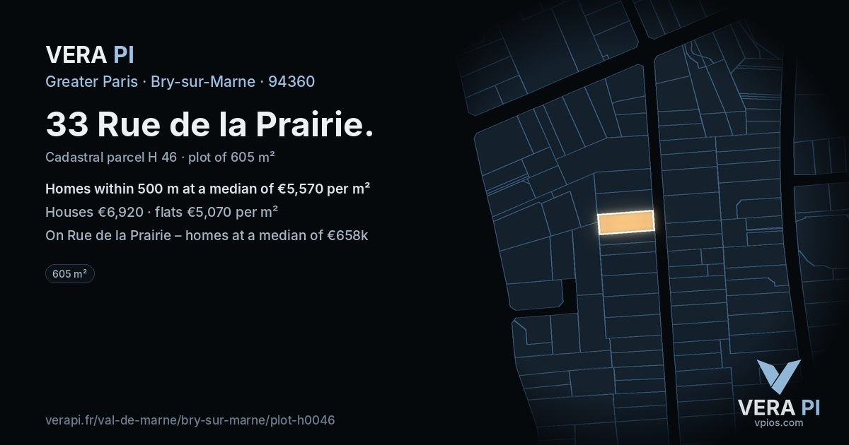 33 Rue de la Prairie, Bry-sur-Marne at night – the plot lit, the parcels around coloured by the prices near them