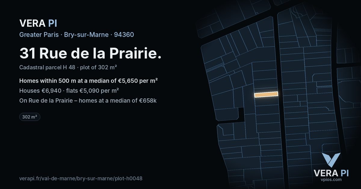 31 Rue de la Prairie, Bry-sur-Marne at night – the plot lit, the parcels around coloured by the prices near them