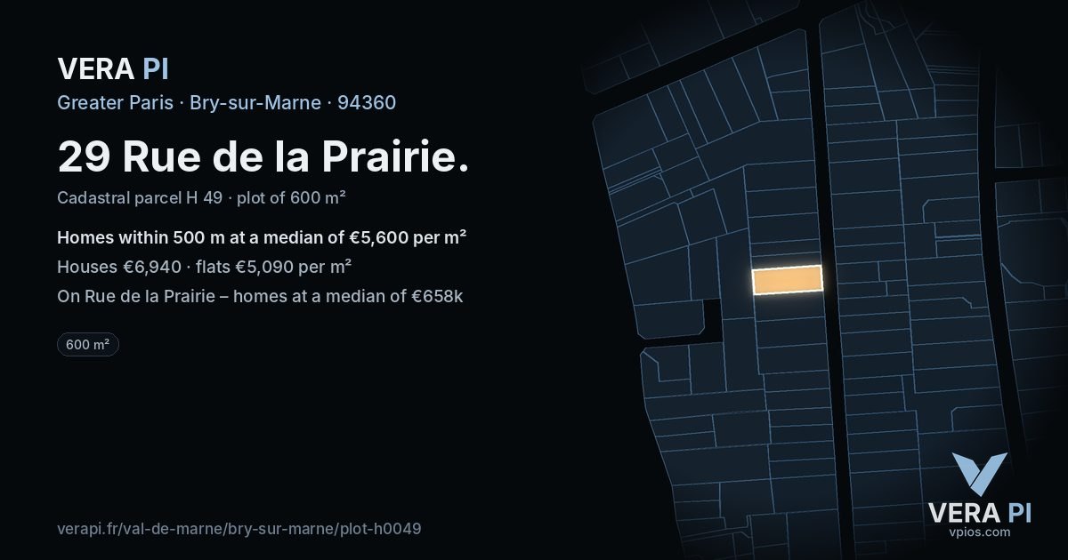 29 Rue de la Prairie, Bry-sur-Marne at night – the plot lit, the parcels around coloured by the prices near them