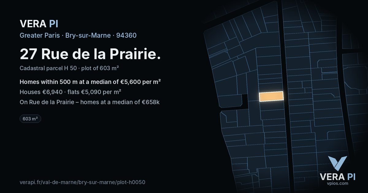27 Rue de la Prairie, Bry-sur-Marne at night – the plot lit, the parcels around coloured by the prices near them