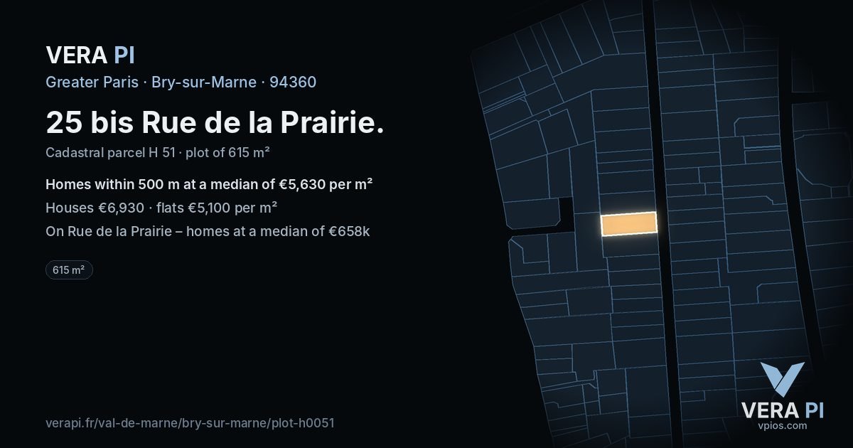 25 bis Rue de la Prairie, Bry-sur-Marne at night – the plot lit, the parcels around coloured by the prices near them