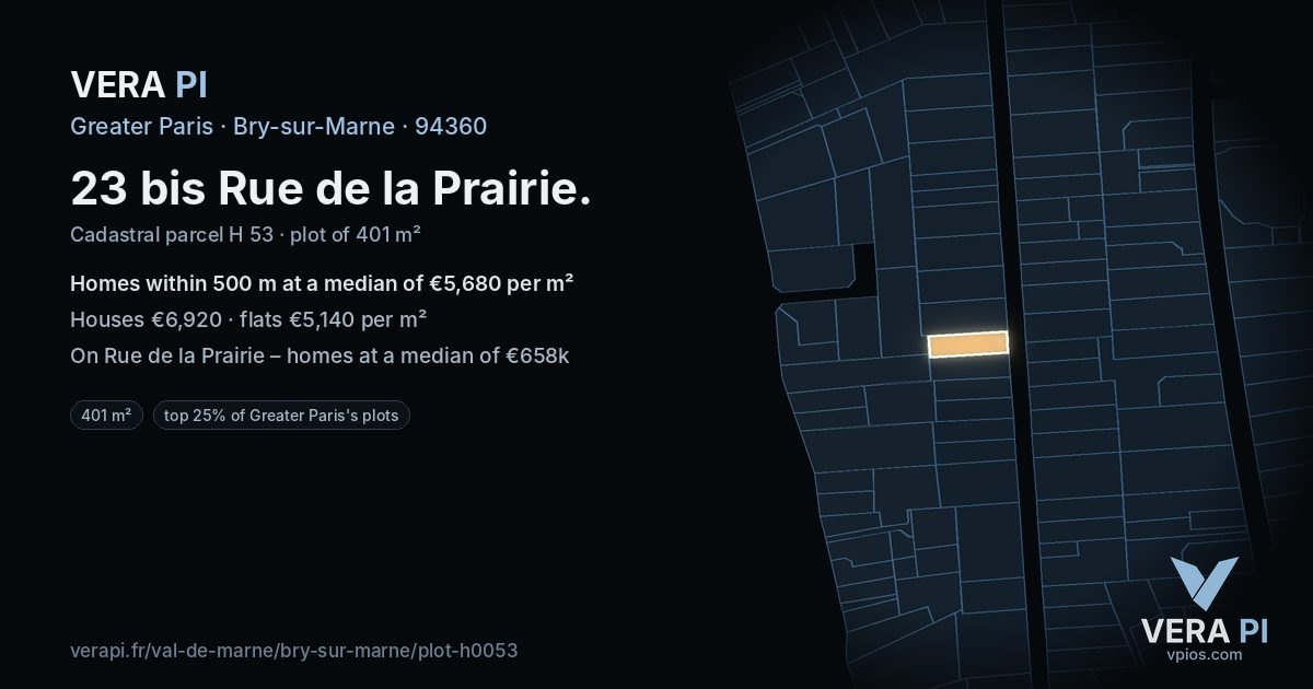 23 bis Rue de la Prairie, Bry-sur-Marne at night – the plot lit, the parcels around coloured by the prices near them