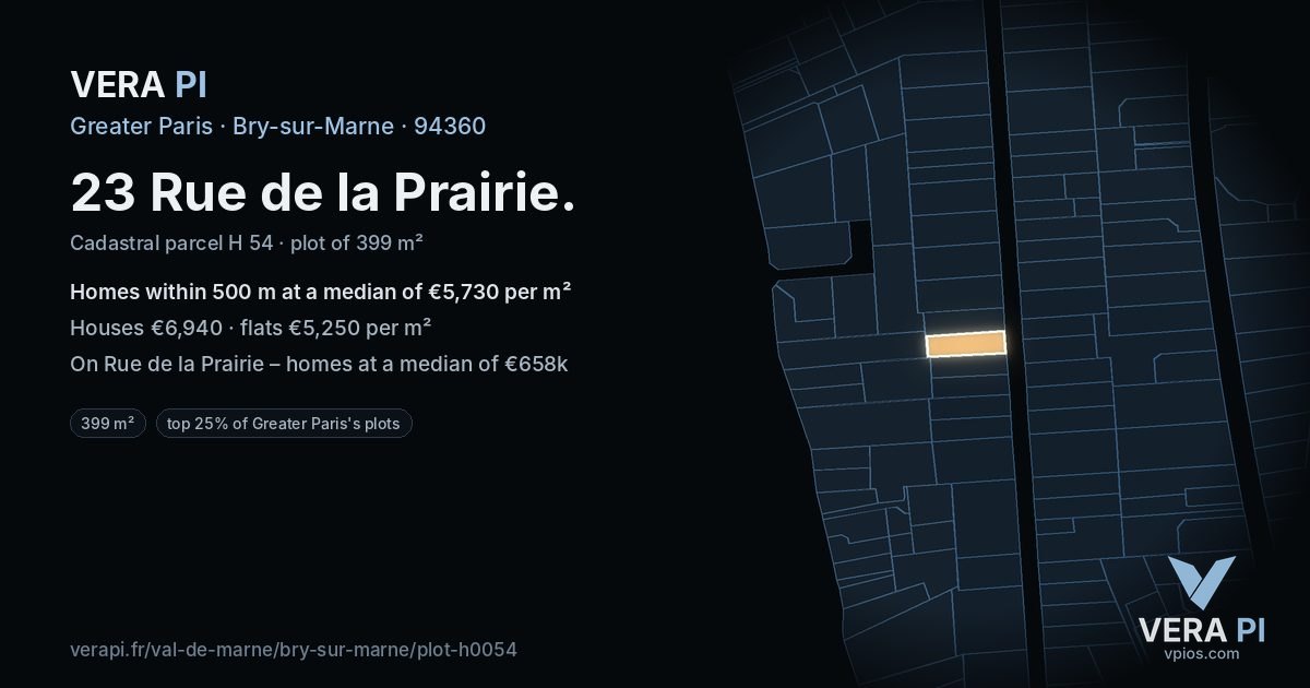 23 Rue de la Prairie, Bry-sur-Marne at night – the plot lit, the parcels around coloured by the prices near them
