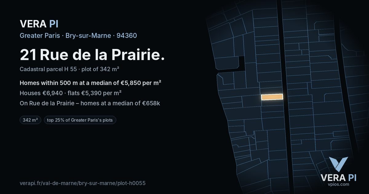 21 Rue de la Prairie, Bry-sur-Marne at night – the plot lit, the parcels around coloured by the prices near them