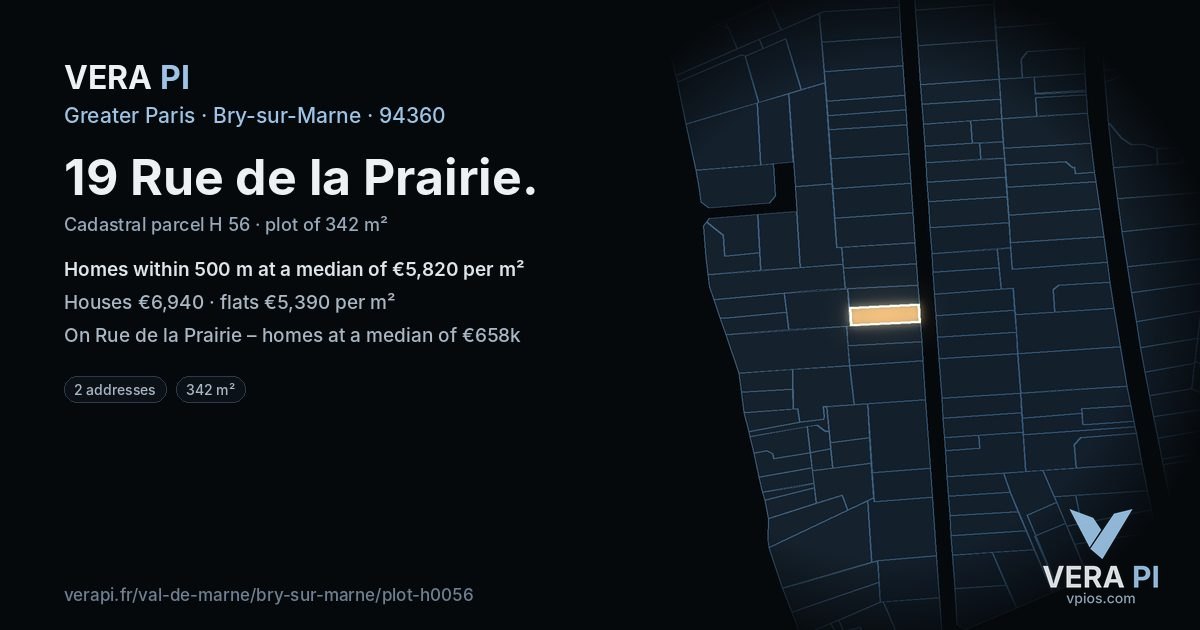 19 Rue de la Prairie, Bry-sur-Marne at night – the plot lit, the parcels around coloured by the prices near them