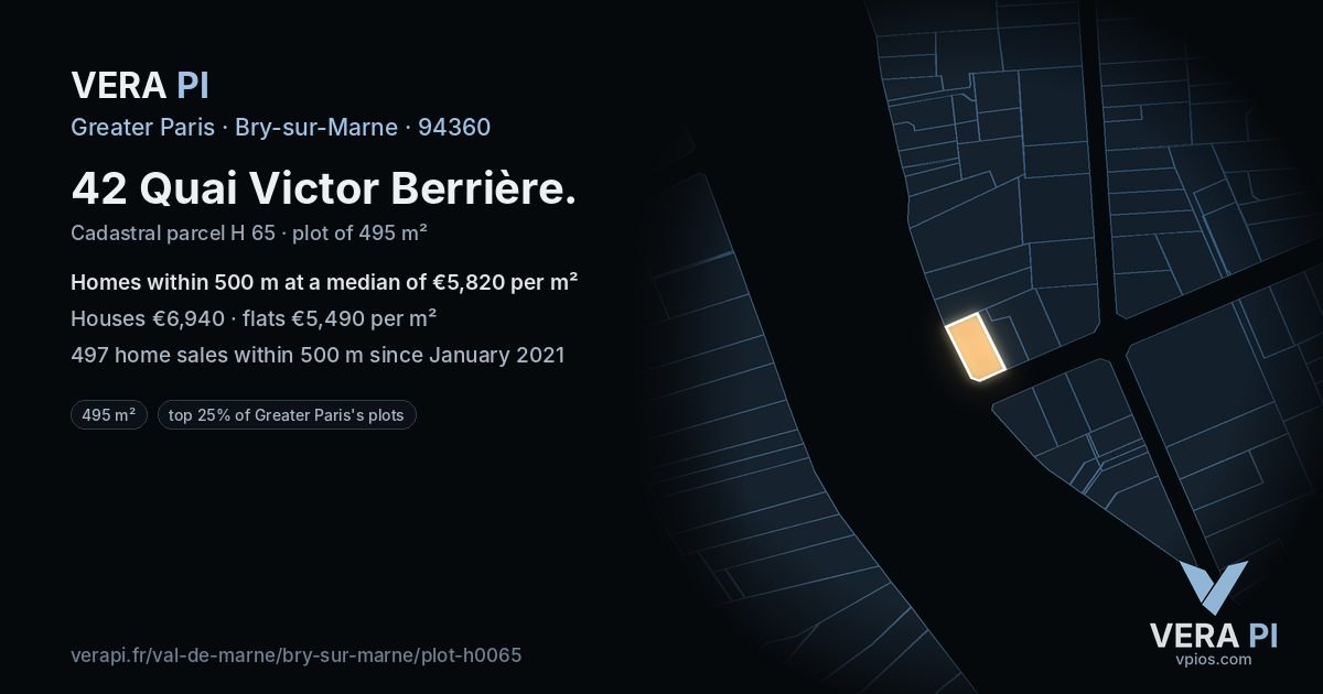 42 Quai Victor Berrière, Bry-sur-Marne at night – the plot lit, the parcels around coloured by the prices near them