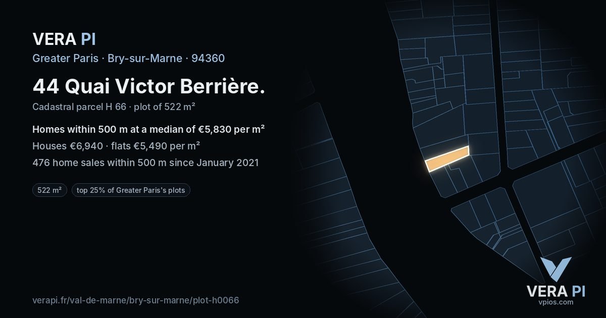 44 Quai Victor Berrière, Bry-sur-Marne at night – the plot lit, the parcels around coloured by the prices near them