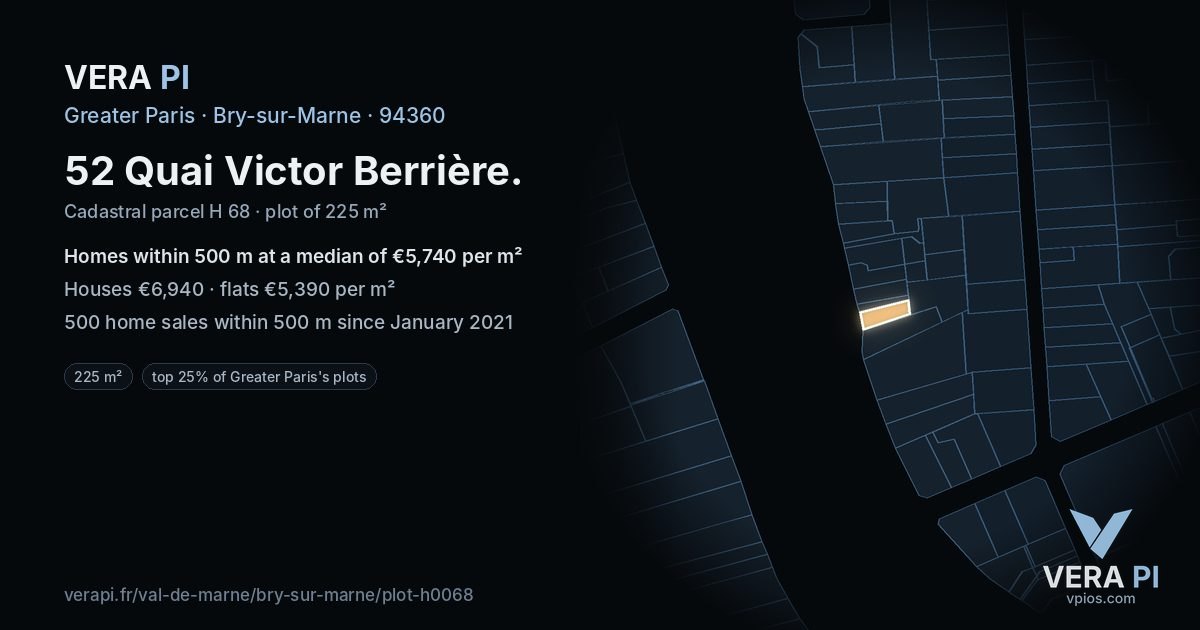 52 Quai Victor Berrière, Bry-sur-Marne at night – the plot lit, the parcels around coloured by the prices near them