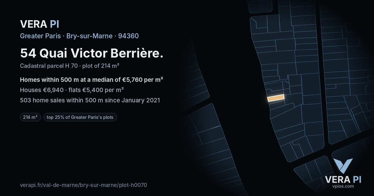 54 Quai Victor Berrière, Bry-sur-Marne at night – the plot lit, the parcels around coloured by the prices near them