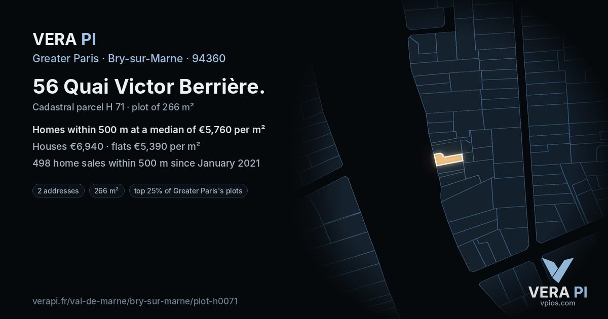 56 Quai Victor Berrière, Bry-sur-Marne at night – the plot lit, the parcels around coloured by the prices near them