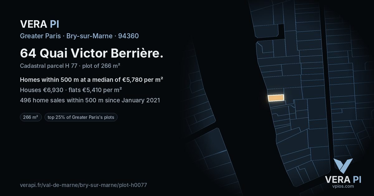 64 Quai Victor Berrière, Bry-sur-Marne at night – the plot lit, the parcels around coloured by the prices near them