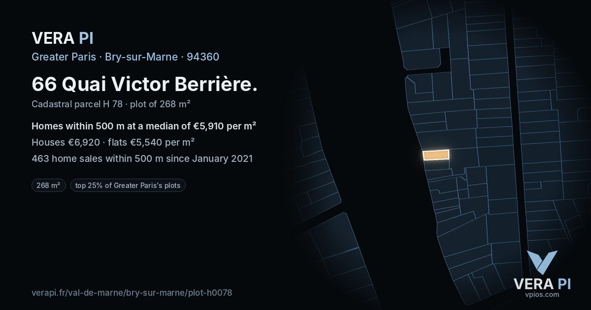 66 Quai Victor Berrière, Bry-sur-Marne at night – the plot lit, the parcels around coloured by the prices near them