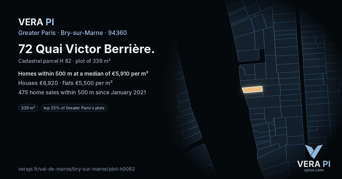 72 Quai Victor Berrière, Bry-sur-Marne at night – the plot lit, the parcels around coloured by the prices near them