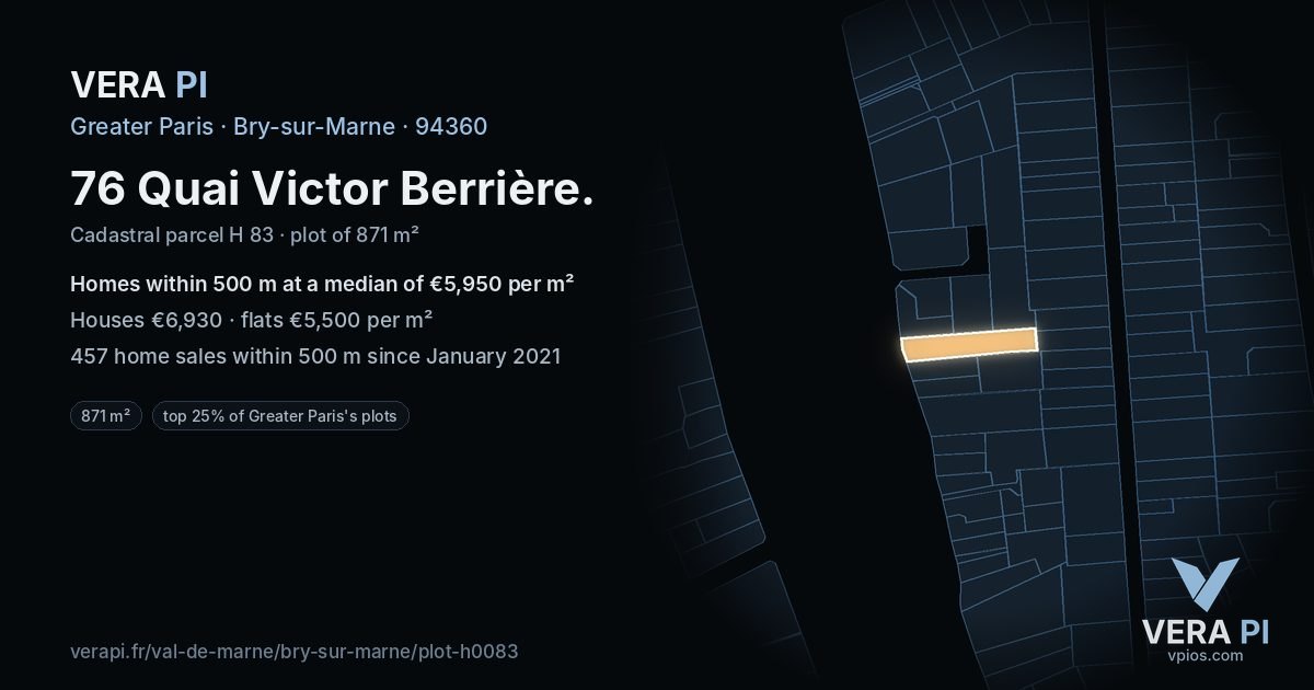 76 Quai Victor Berrière, Bry-sur-Marne at night – the plot lit, the parcels around coloured by the prices near them