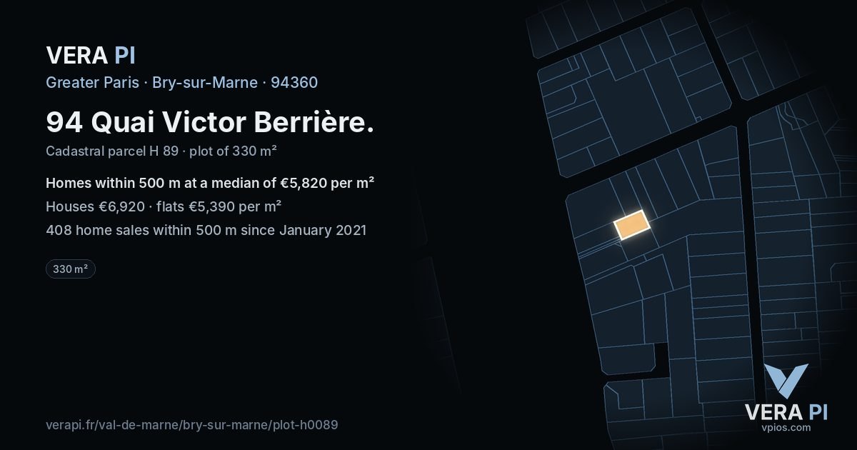 94 Quai Victor Berrière, Bry-sur-Marne at night – the plot lit, the parcels around coloured by the prices near them