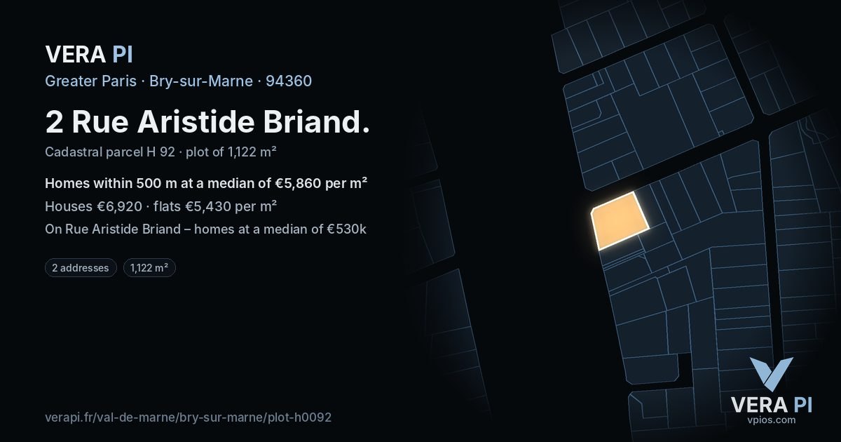 2 Rue Aristide Briand, Bry-sur-Marne at night – the plot lit, the parcels around coloured by the prices near them