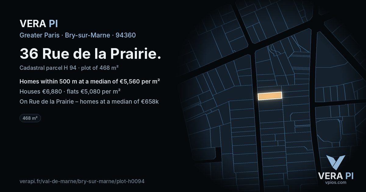 36 Rue de la Prairie, Bry-sur-Marne at night – the plot lit, the parcels around coloured by the prices near them