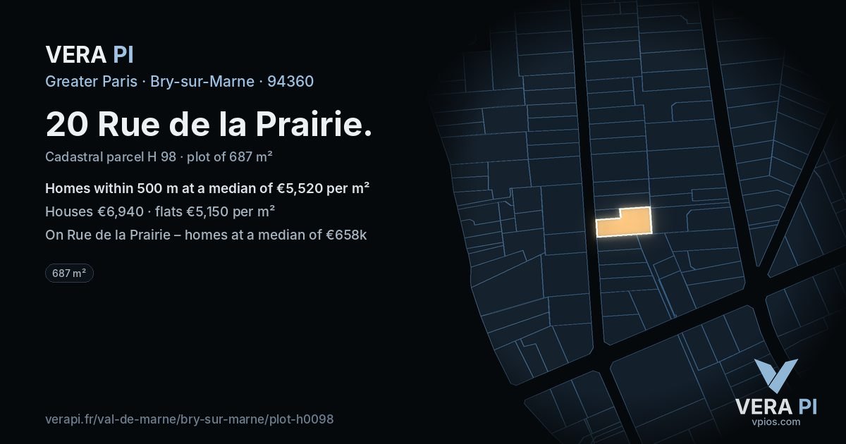 20 Rue de la Prairie, Bry-sur-Marne at night – the plot lit, the parcels around coloured by the prices near them