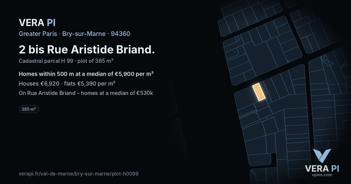 2 bis Rue Aristide Briand, Bry-sur-Marne at night – the plot lit, the parcels around coloured by the prices near them