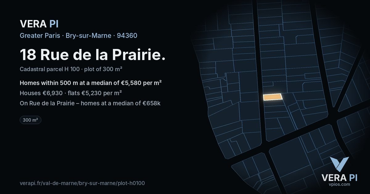 18 Rue de la Prairie, Bry-sur-Marne at night – the plot lit, the parcels around coloured by the prices near them