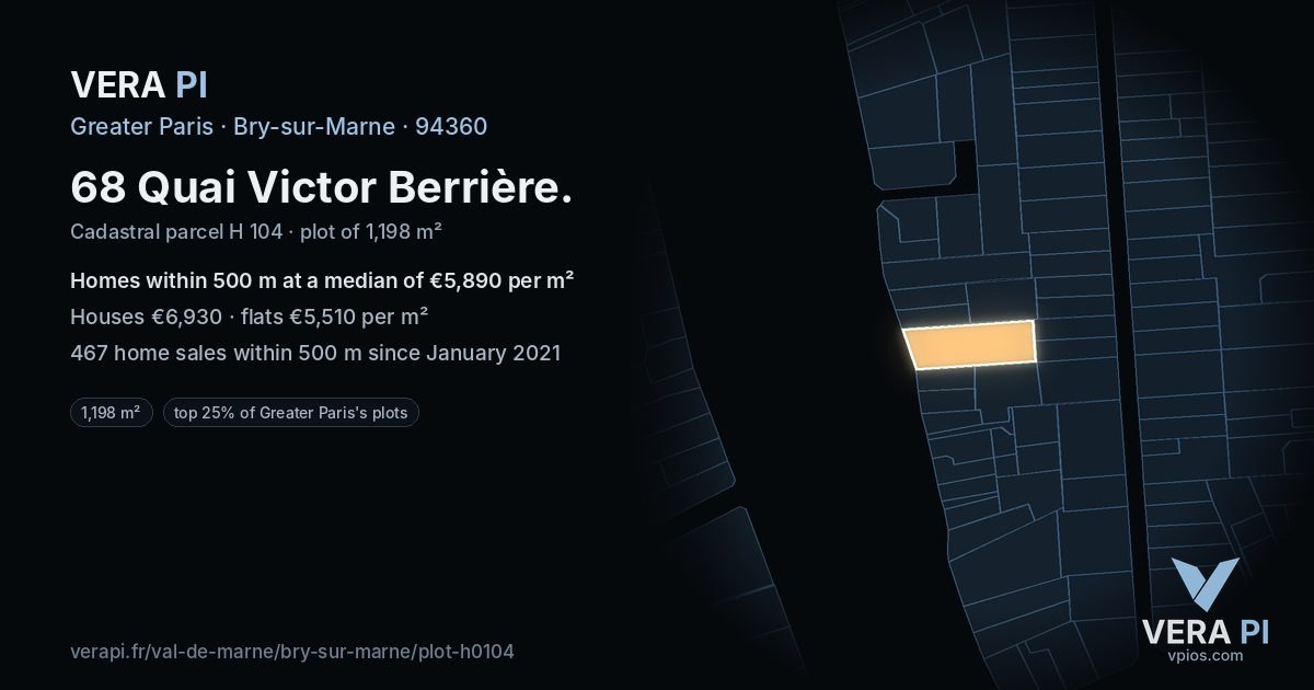 68 Quai Victor Berrière, Bry-sur-Marne at night – the plot lit, the parcels around coloured by the prices near them