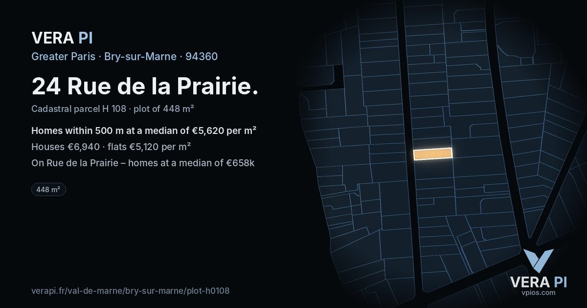 24 Rue de la Prairie, Bry-sur-Marne at night – the plot lit, the parcels around coloured by the prices near them