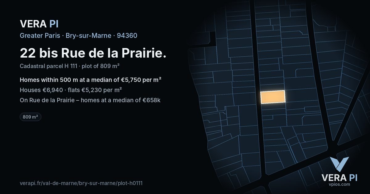 22 bis Rue de la Prairie, Bry-sur-Marne at night – the plot lit, the parcels around coloured by the prices near them