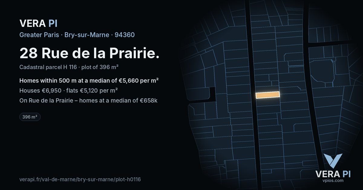 28 Rue de la Prairie, Bry-sur-Marne at night – the plot lit, the parcels around coloured by the prices near them