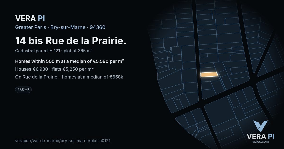 14 bis Rue de la Prairie, Bry-sur-Marne at night – the plot lit, the parcels around coloured by the prices near them