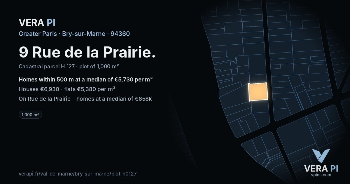 9 Rue de la Prairie, Bry-sur-Marne at night – the plot lit, the parcels around coloured by the prices near them