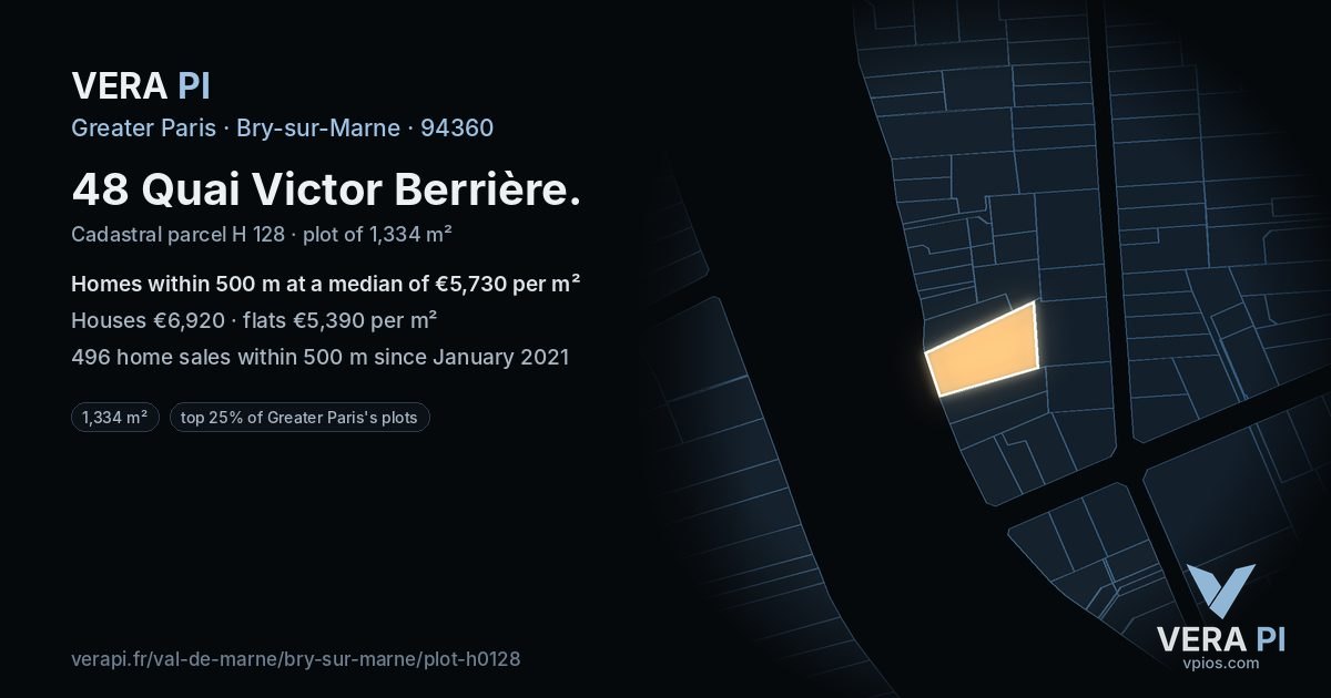48 Quai Victor Berrière, Bry-sur-Marne at night – the plot lit, the parcels around coloured by the prices near them