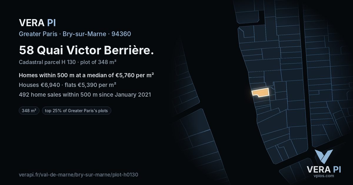 58 Quai Victor Berrière, Bry-sur-Marne at night – the plot lit, the parcels around coloured by the prices near them