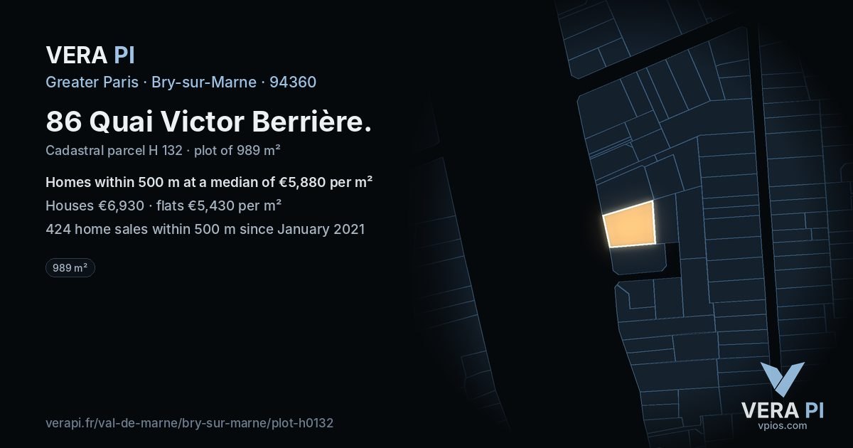 86 Quai Victor Berrière, Bry-sur-Marne at night – the plot lit, the parcels around coloured by the prices near them