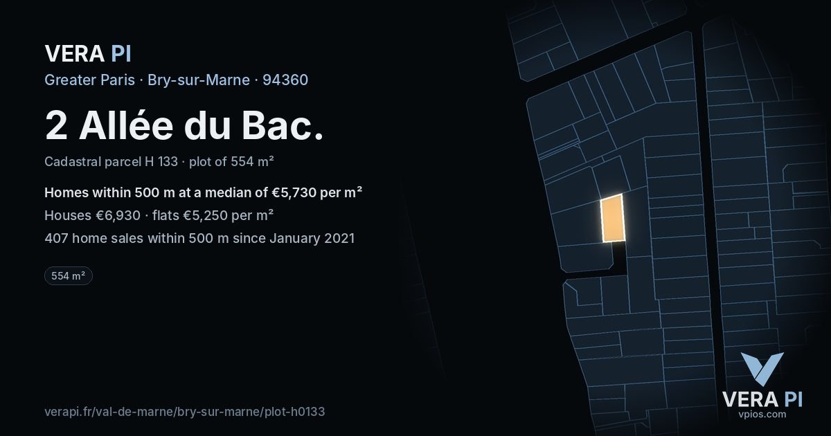 2 Allée du Bac, Bry-sur-Marne at night – the plot lit, the parcels around coloured by the prices near them