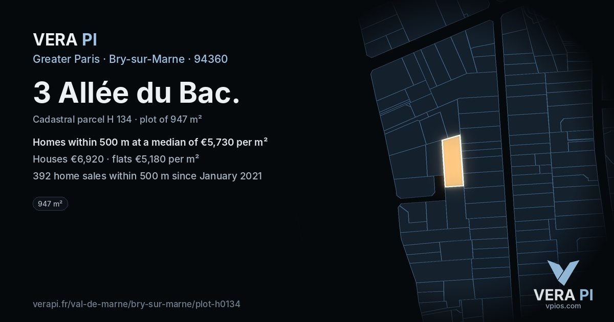 3 Allée du Bac, Bry-sur-Marne at night – the plot lit, the parcels around coloured by the prices near them