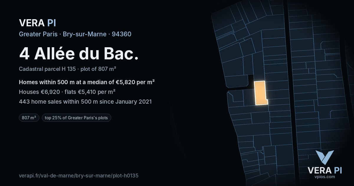 4 Allée du Bac, Bry-sur-Marne at night – the plot lit, the parcels around coloured by the prices near them