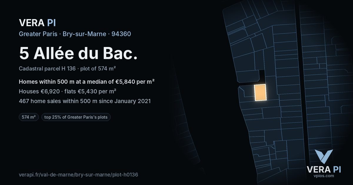 5 Allée du Bac, Bry-sur-Marne at night – the plot lit, the parcels around coloured by the prices near them