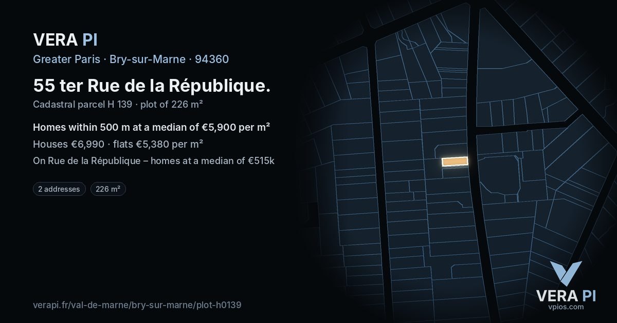 55 ter Rue de la République, Bry-sur-Marne at night – the plot lit, the parcels around coloured by the prices near them