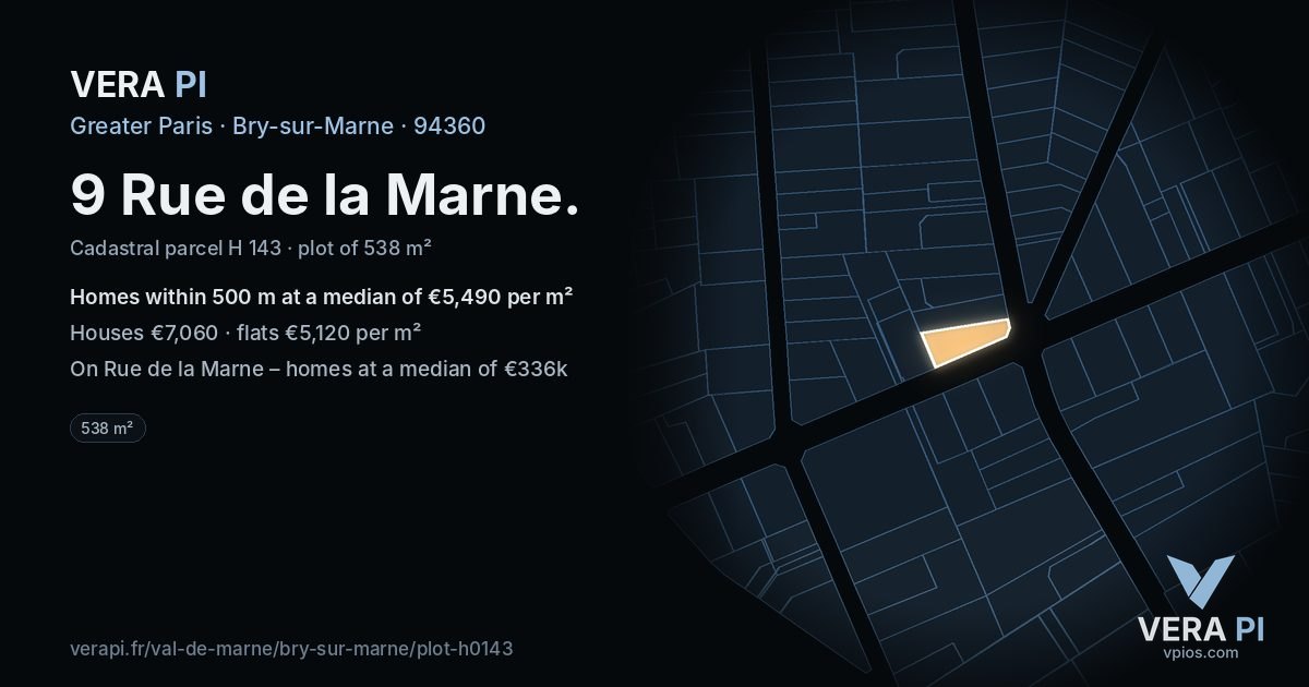 9 Rue de la Marne, Bry-sur-Marne at night – the plot lit, the parcels around coloured by the prices near them