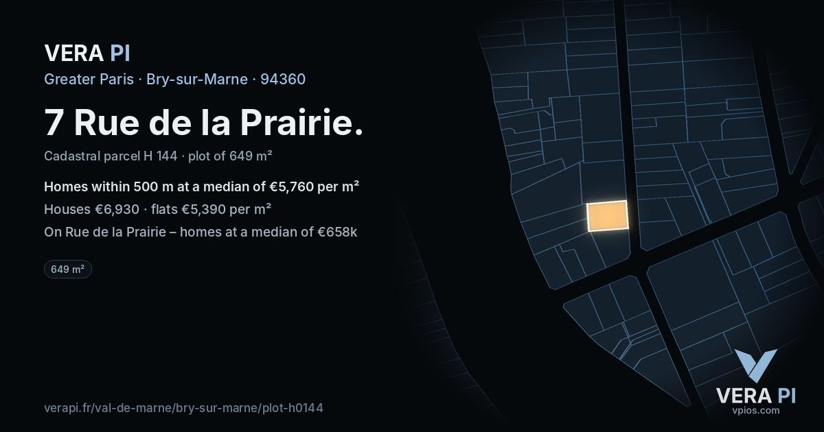 7 Rue de la Prairie, Bry-sur-Marne at night – the plot lit, the parcels around coloured by the prices near them