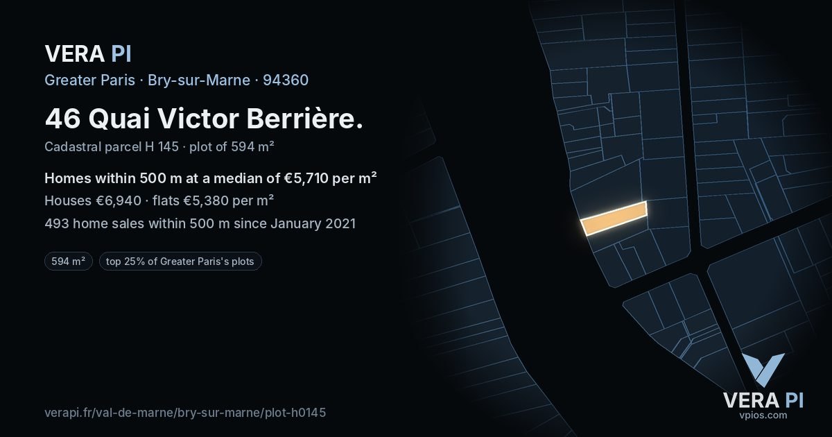 46 Quai Victor Berrière, Bry-sur-Marne at night – the plot lit, the parcels around coloured by the prices near them