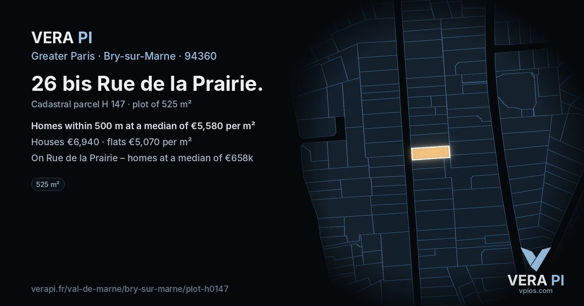 26 bis Rue de la Prairie, Bry-sur-Marne at night – the plot lit, the parcels around coloured by the prices near them