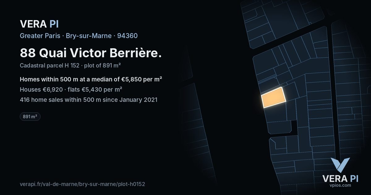 88 Quai Victor Berrière, Bry-sur-Marne at night – the plot lit, the parcels around coloured by the prices near them