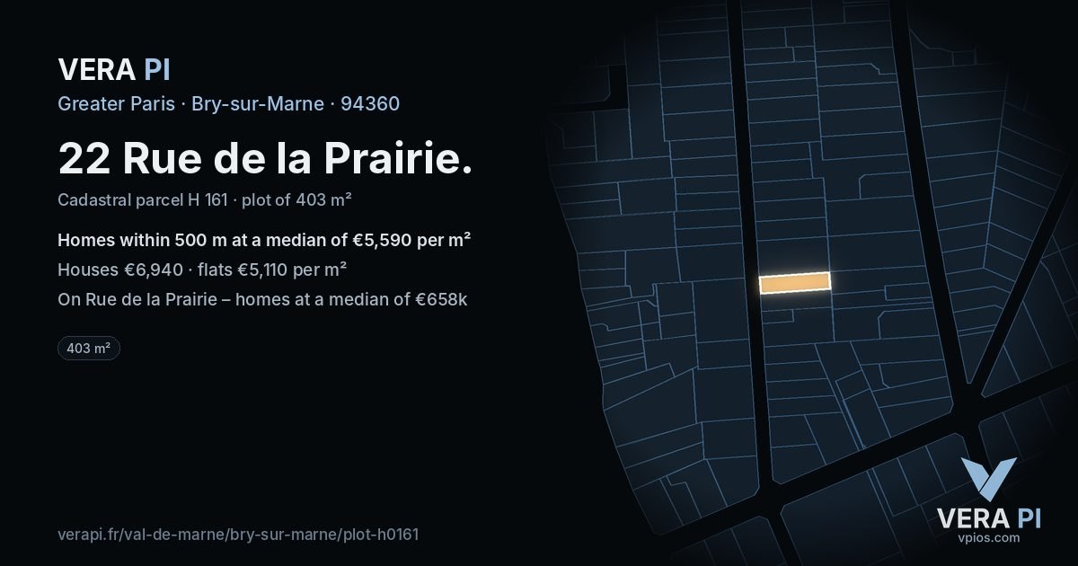 22 Rue de la Prairie, Bry-sur-Marne at night – the plot lit, the parcels around coloured by the prices near them