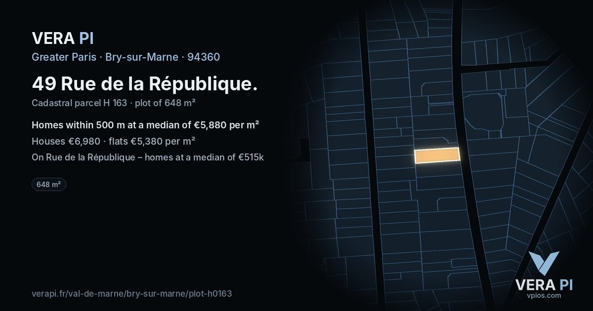 49 Rue de la République, Bry-sur-Marne at night – the plot lit, the parcels around coloured by the prices near them